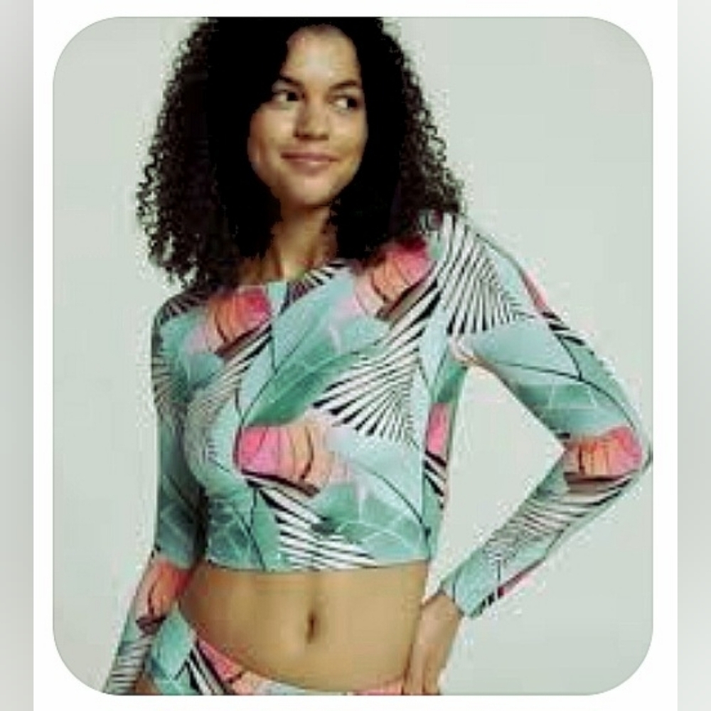 CALIA Swim Long Sleeve Crop Top Rashguard Desert Flora Agave Leaf Sz XS NWOT - Picture 2 of 12